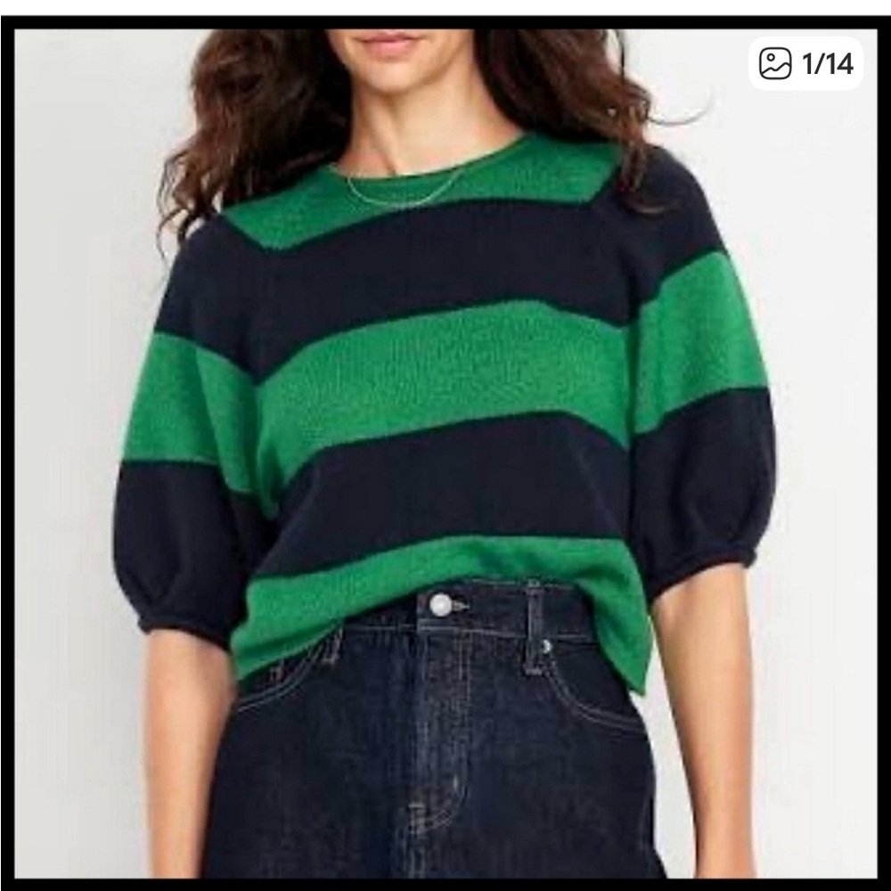 NWOT Old Navy Green White Stripe Puff Sleeve Sweater Rugby Style Size Large